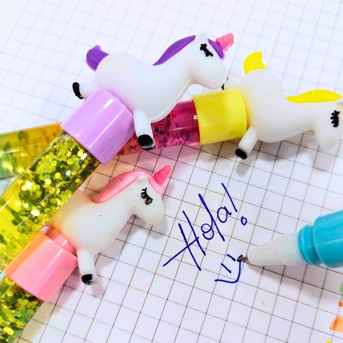 Boligrafo punta aguja Unicornio c/liquido y glitter - Tinta azul