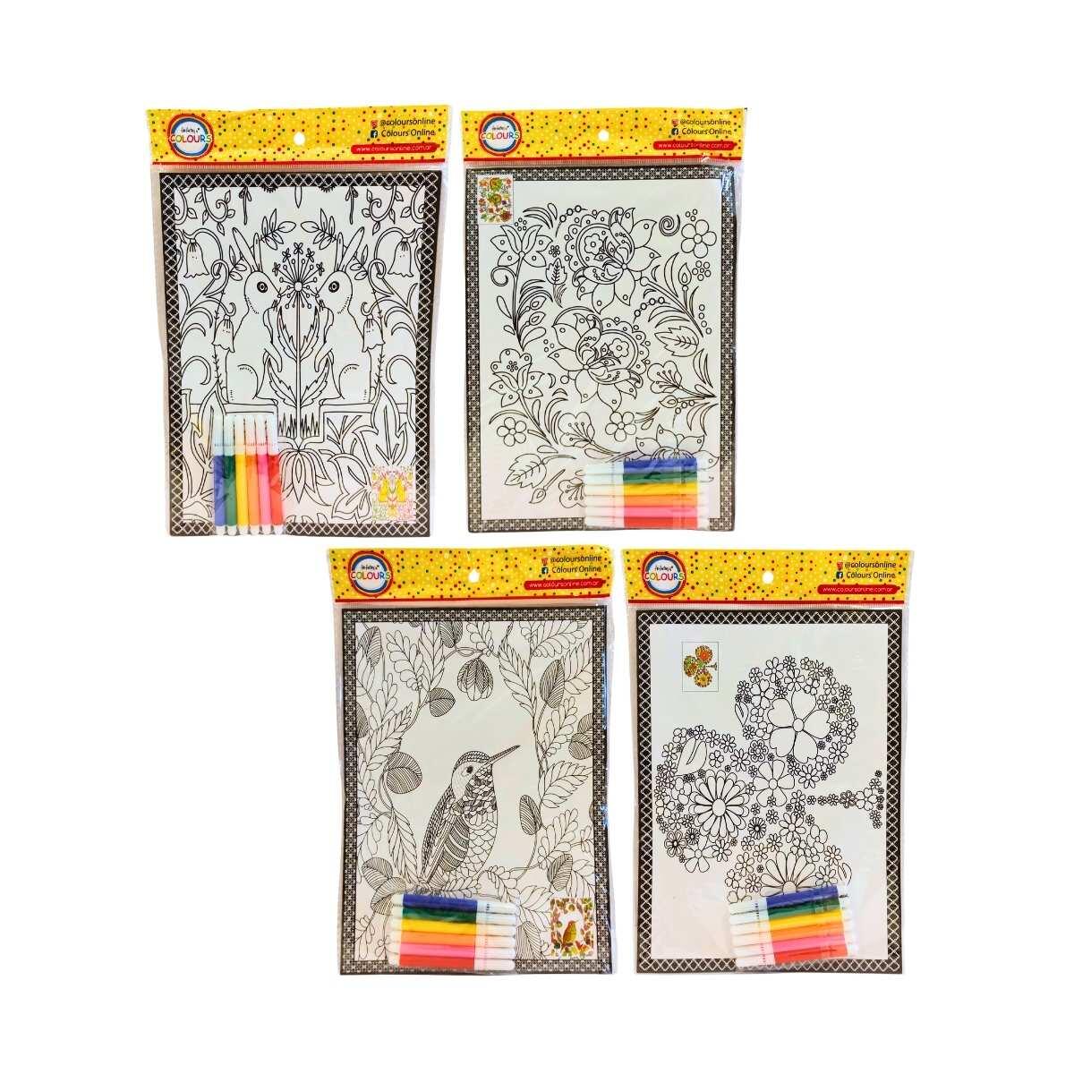Hojas A4 c/diseño y marcadores para pintar x 2 hojas 