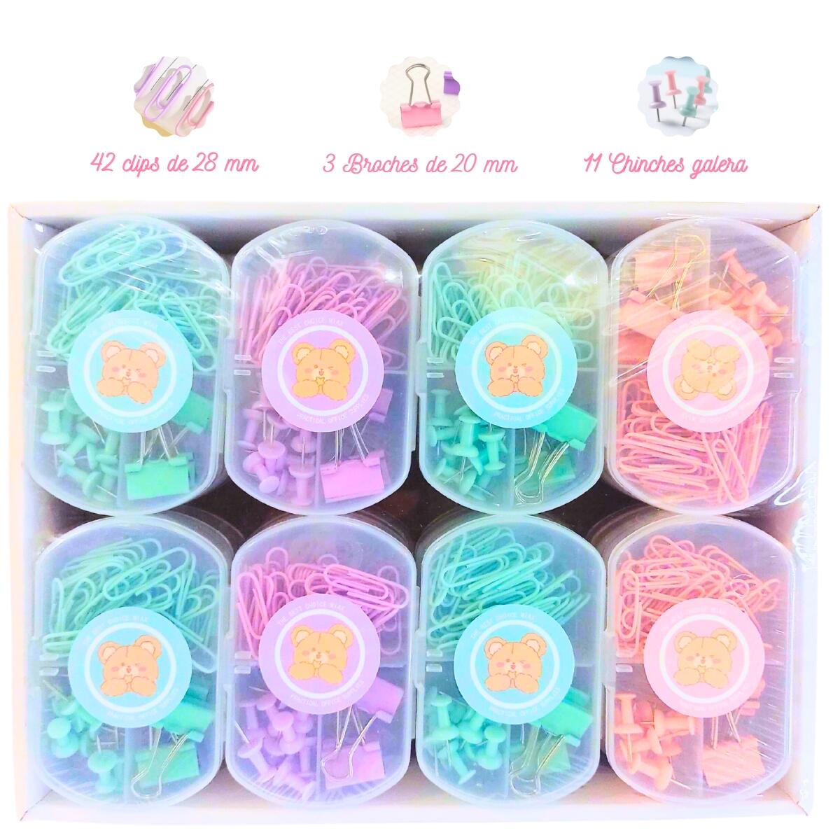 Set de escritorio clips + chinches + broches color pastel 