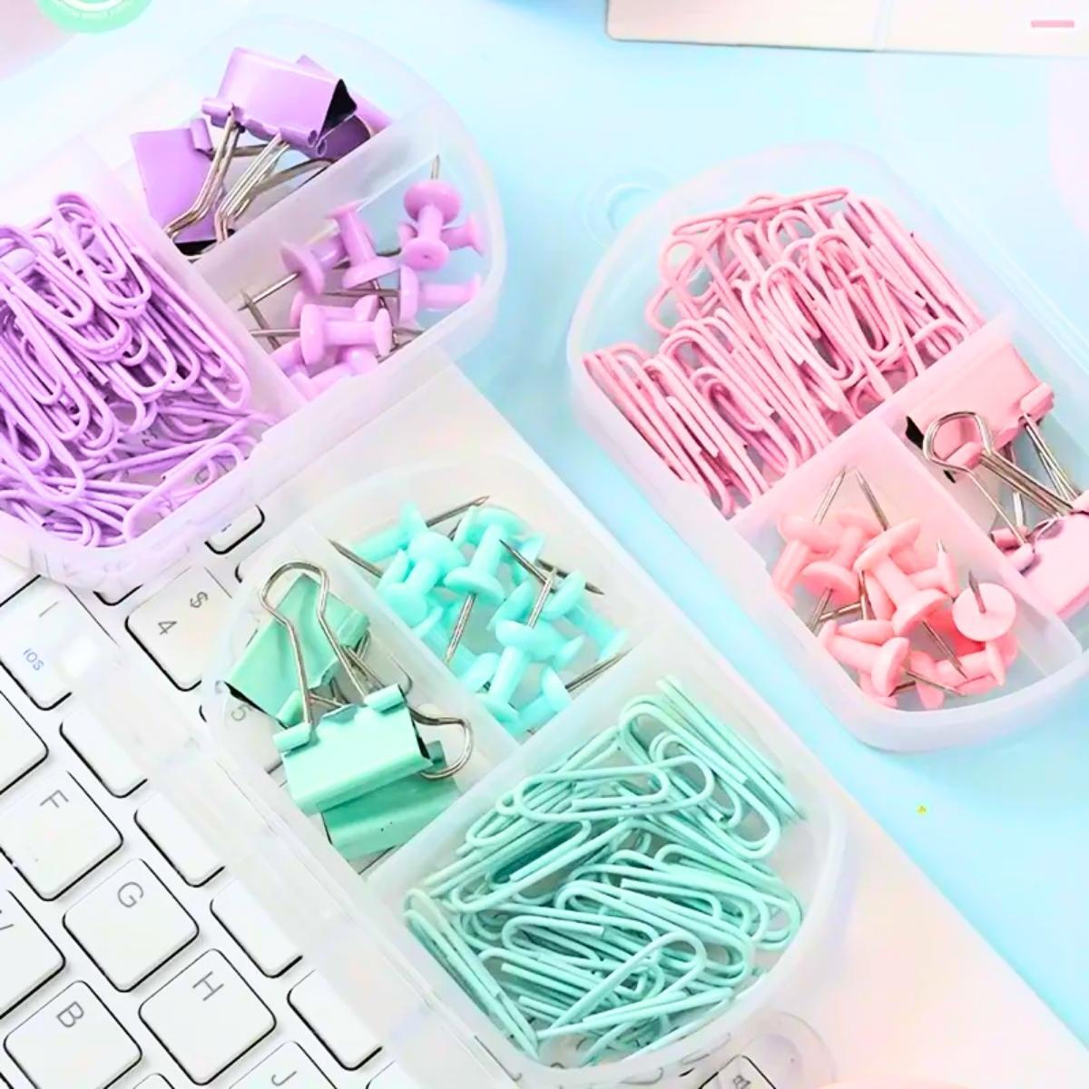 Set de escritorio clips + chinches + broches color pastel 