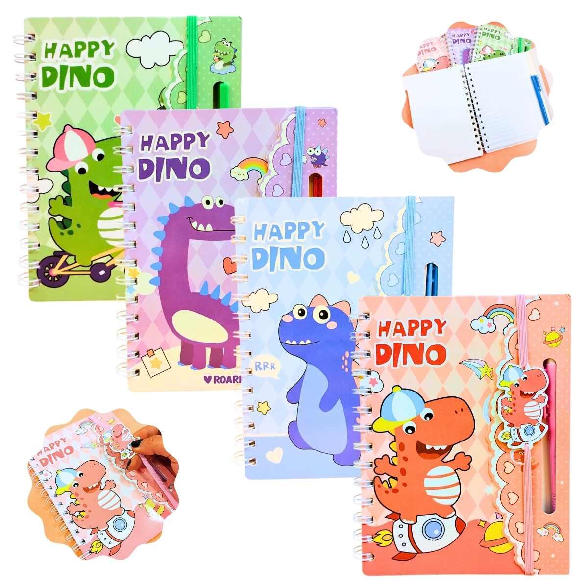 Cuaderno tapa dura Dino c/boligrafo y elastico - 60 hojas rayadas