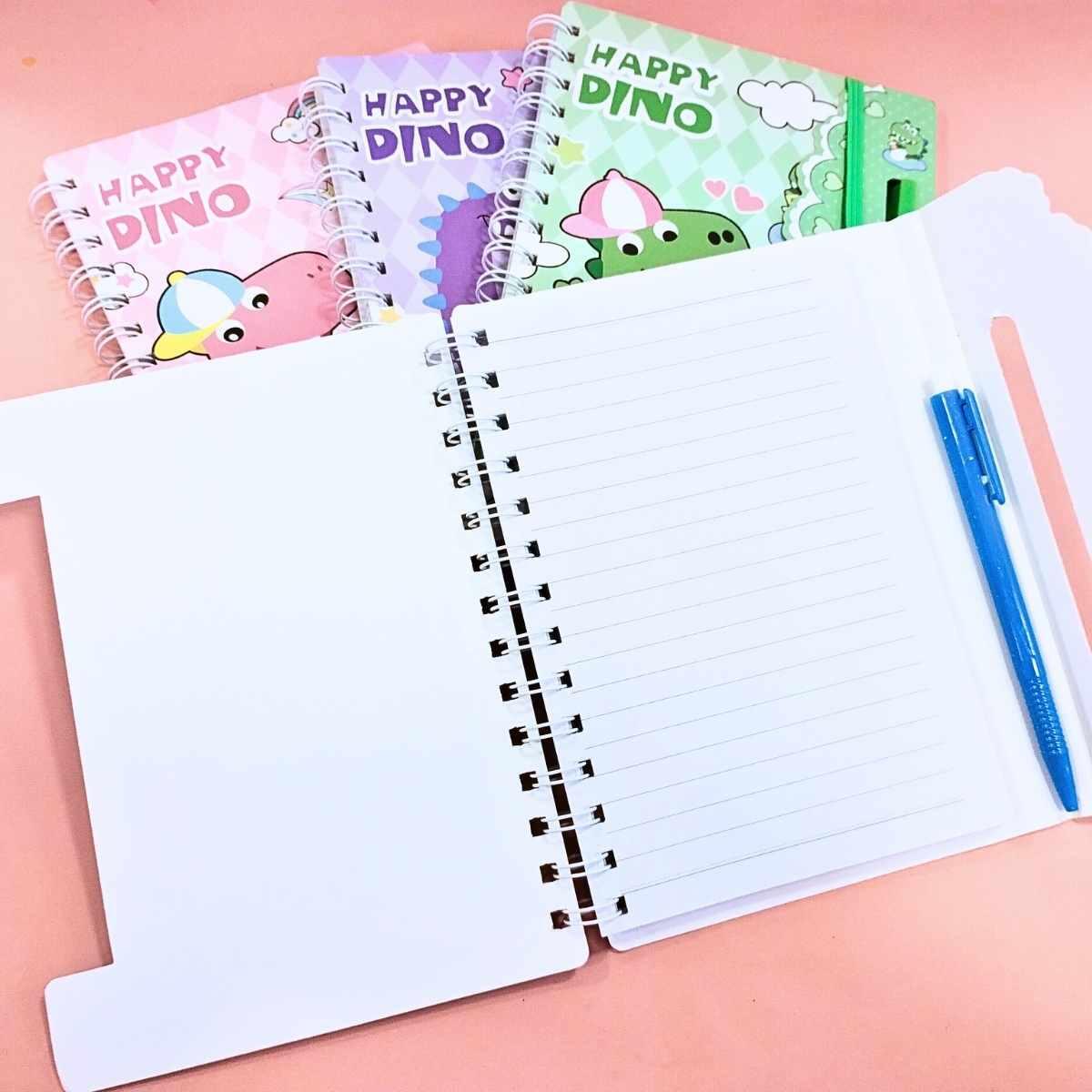 Cuaderno tapa dura Dino c/boligrafo y elastico - 60 hojas rayadas