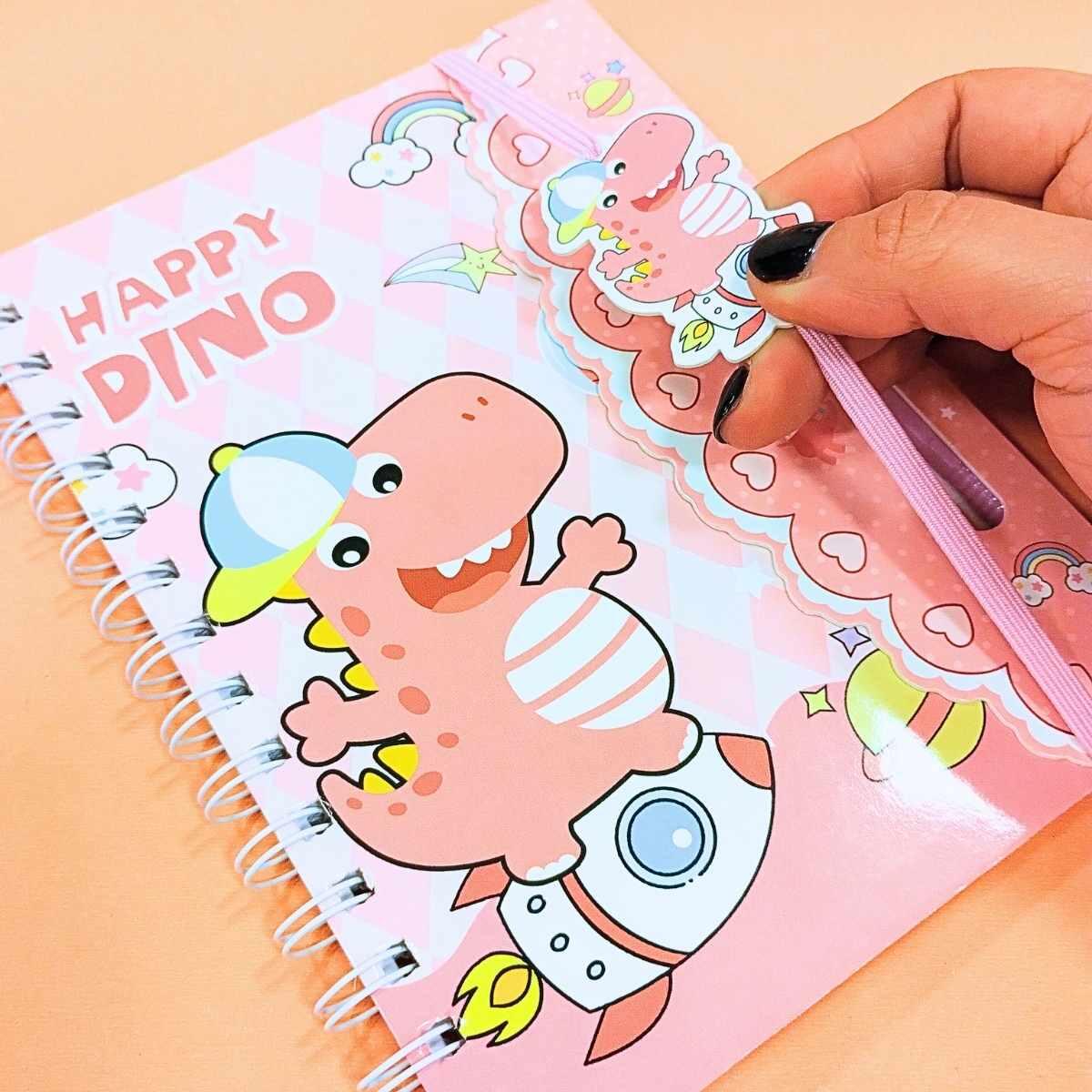 Cuaderno tapa dura Dino c/boligrafo y elastico - 60 hojas rayadas