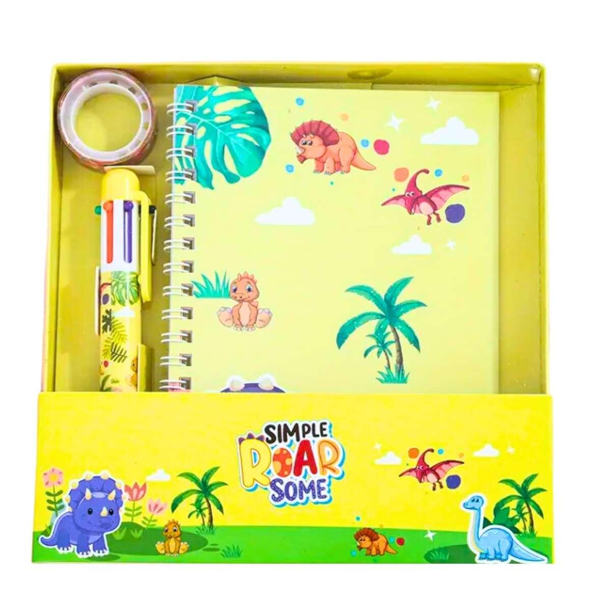 Libreta Dino c/cinta + boligrafo multi x 6 en caja