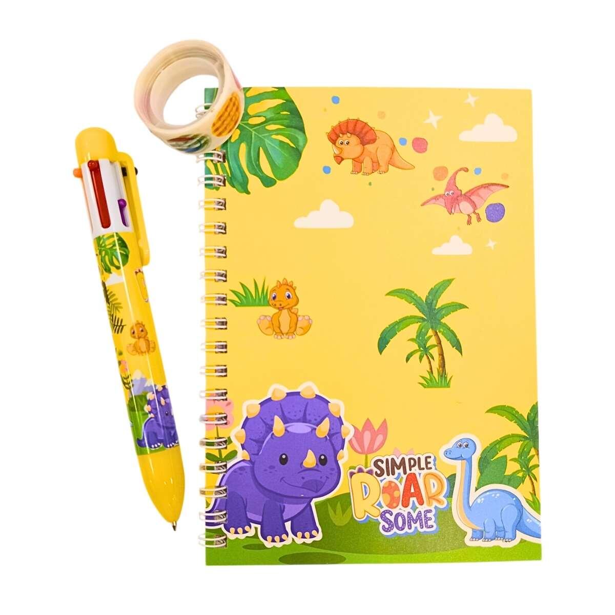 Libreta Dino c/cinta + boligrafo multi x 6 en caja