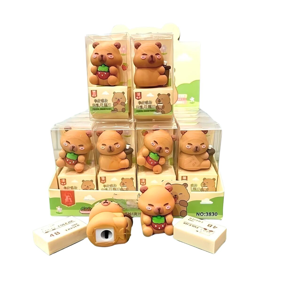 Sacapunta y goma tinta borrable + goma lapiz Capybara c/fruta