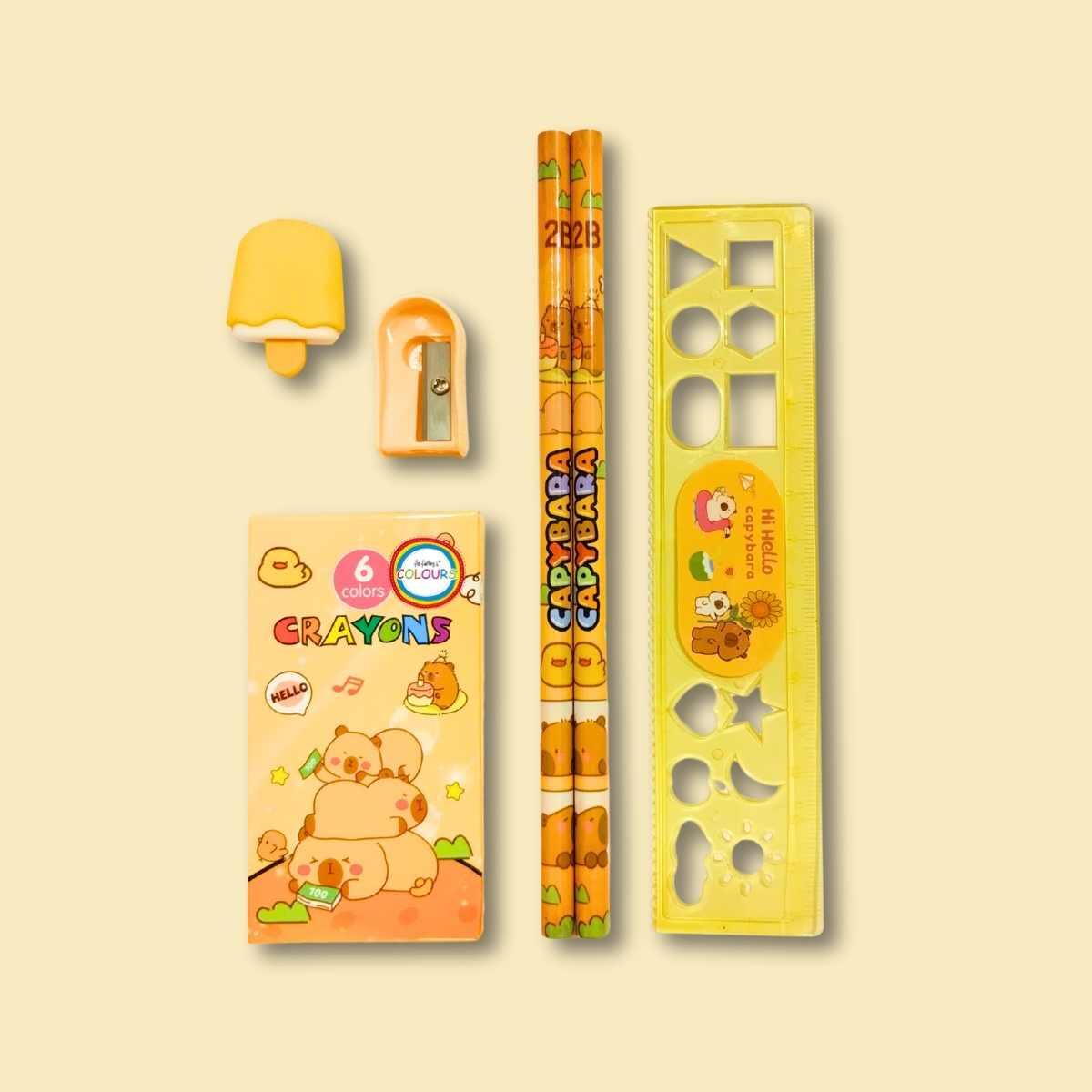 Set escolar Capybara en blister - 2 lapices + regla + sacapuntas + goma + crayones x 6 colores