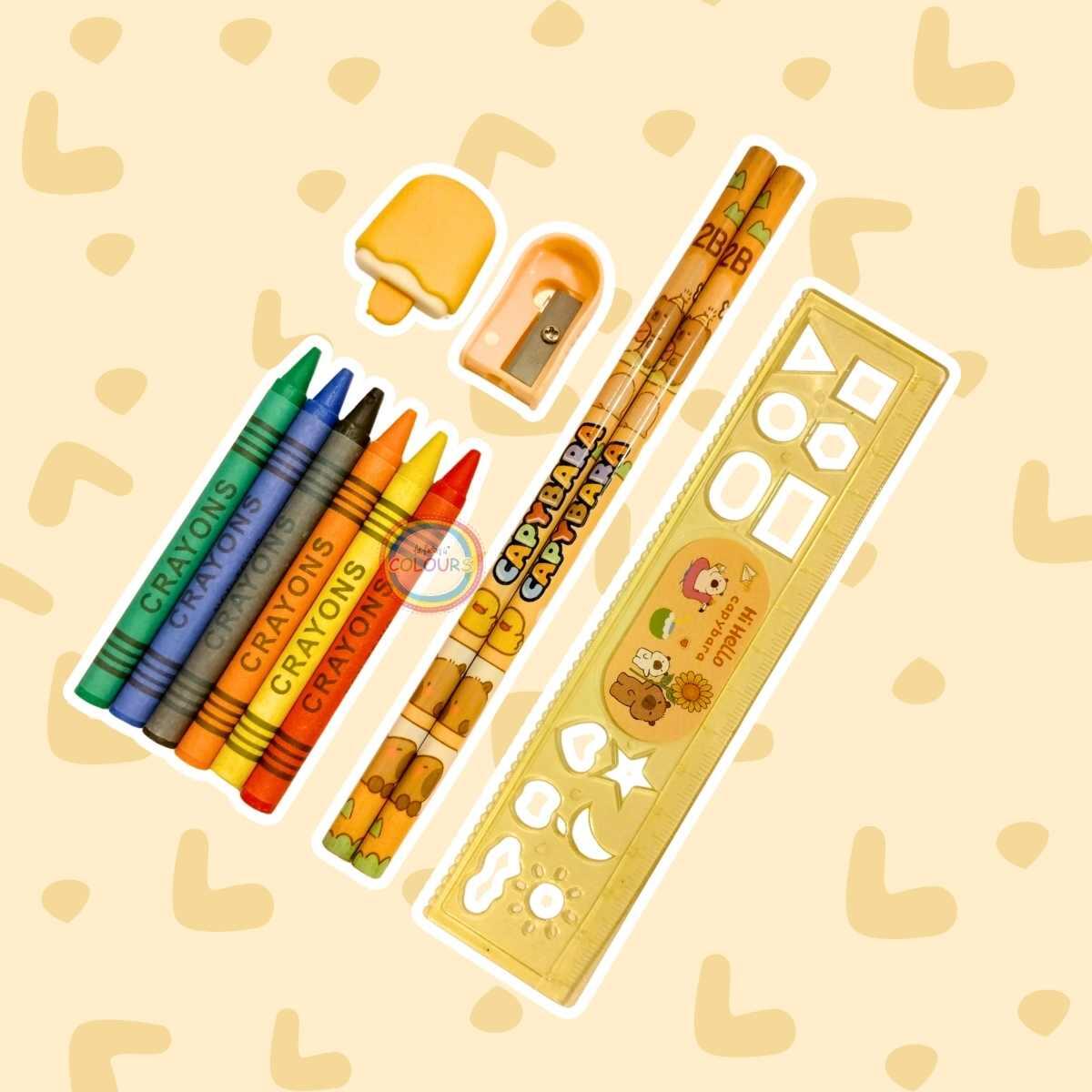 Set escolar Capybara en blister - 2 lapices + regla + sacapuntas + goma + crayones x 6 colores