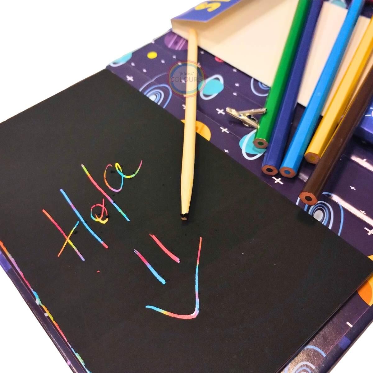 Set para colorear c/10 hojas papel magico, 30 hojas c/diseños y 8 lapices de colores c/elastcio