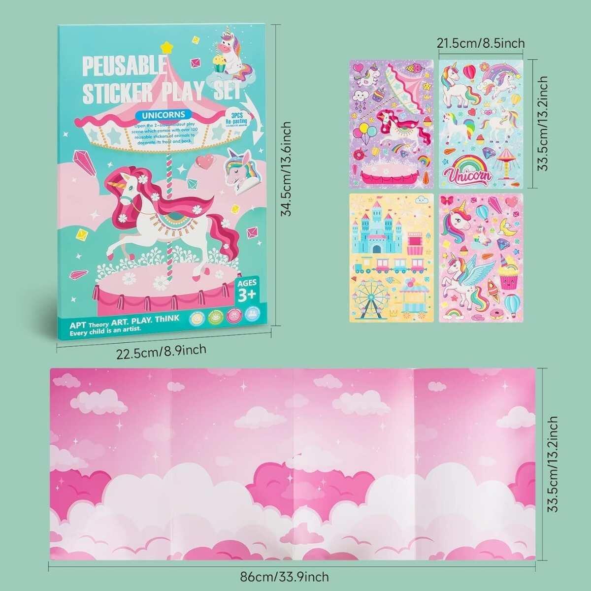 Album x 2 escenarios Unicornio + 4 planchas de Stickers x 25