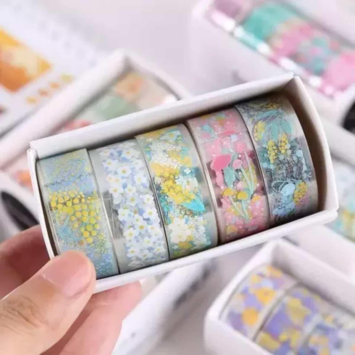 CInta Washi transparente Serie Flores x 5 rollos - 2 metros