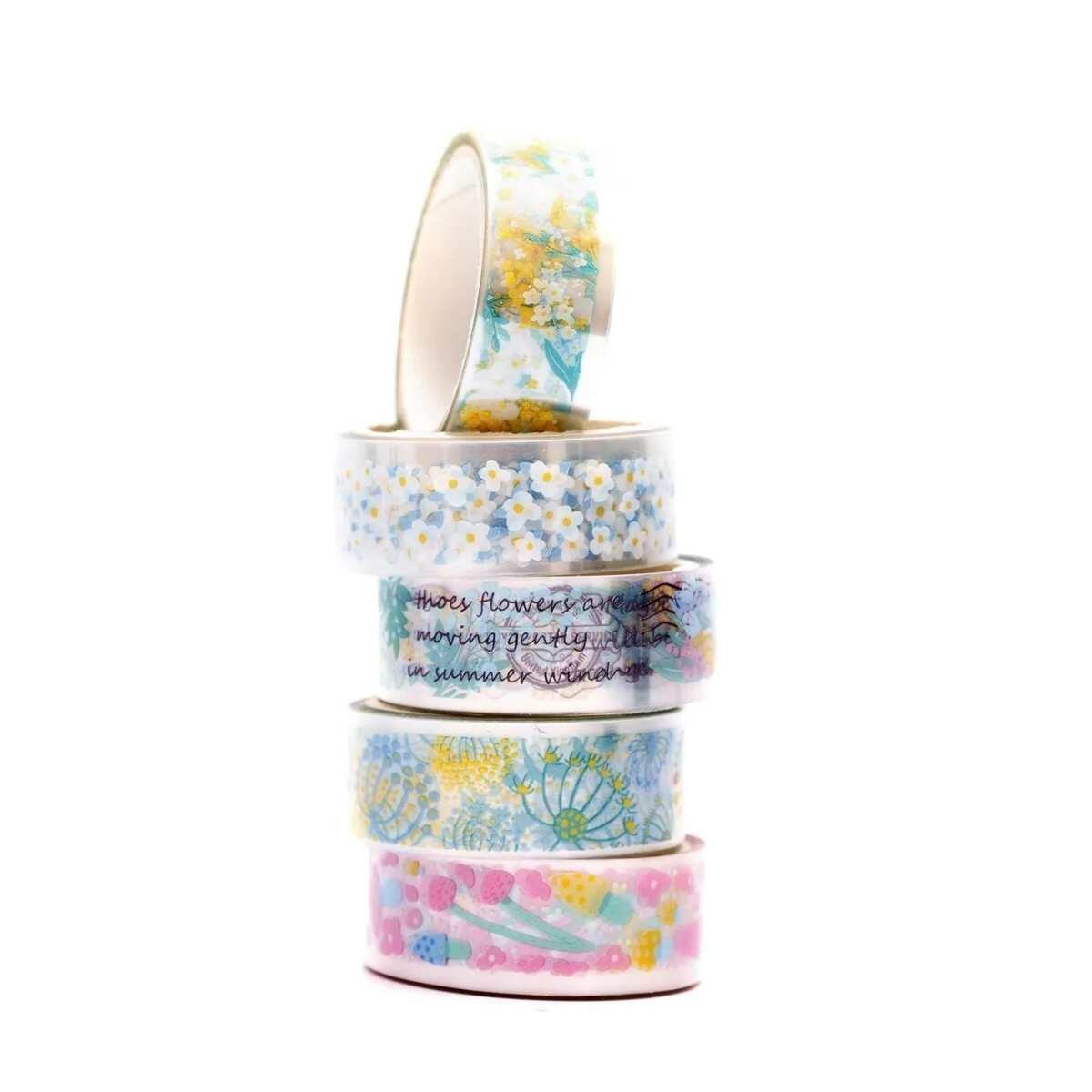 CInta Washi transparente Serie Flores x 5 rollos - 2 metros
