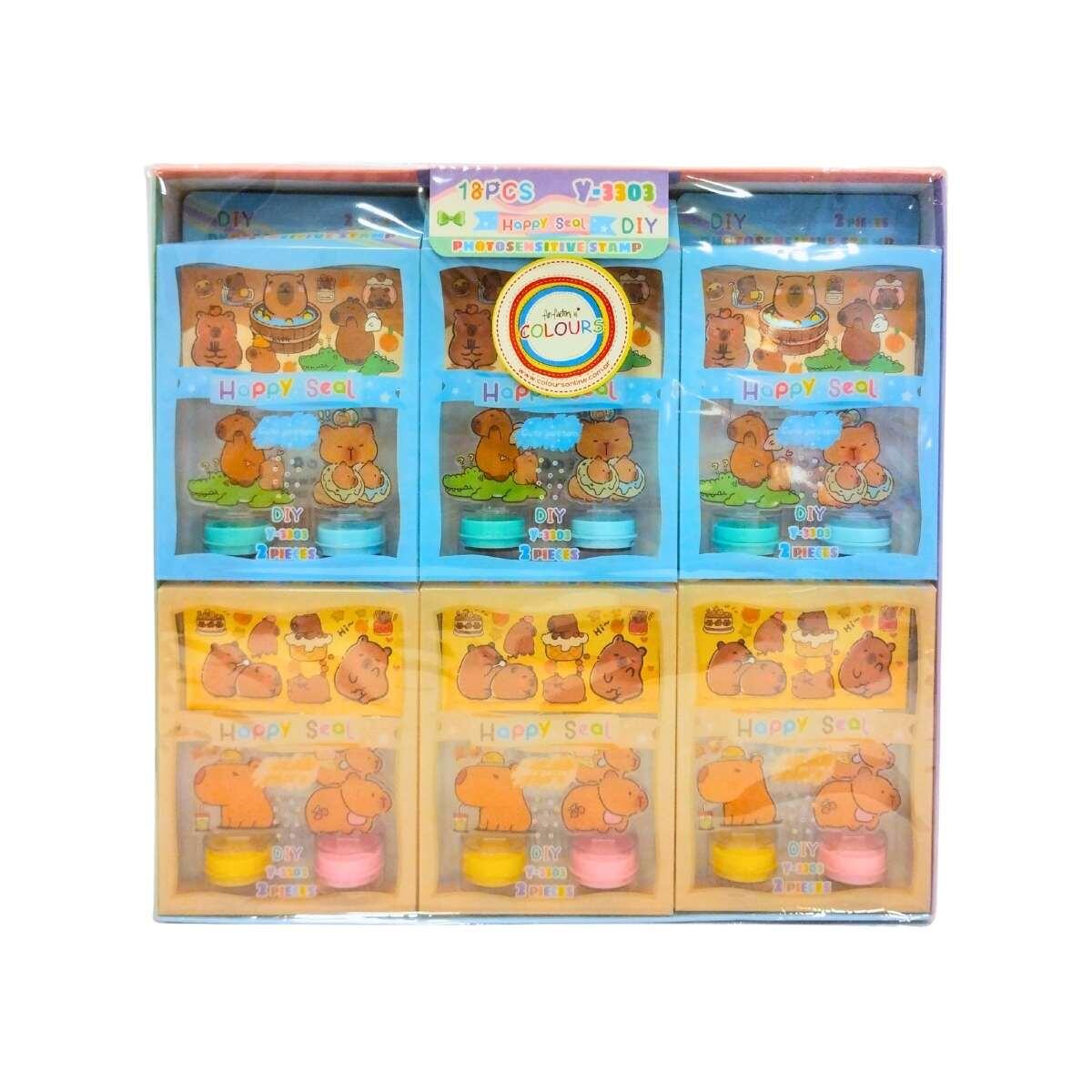 Sello Capybara x 2 en caja pvc c/mini block