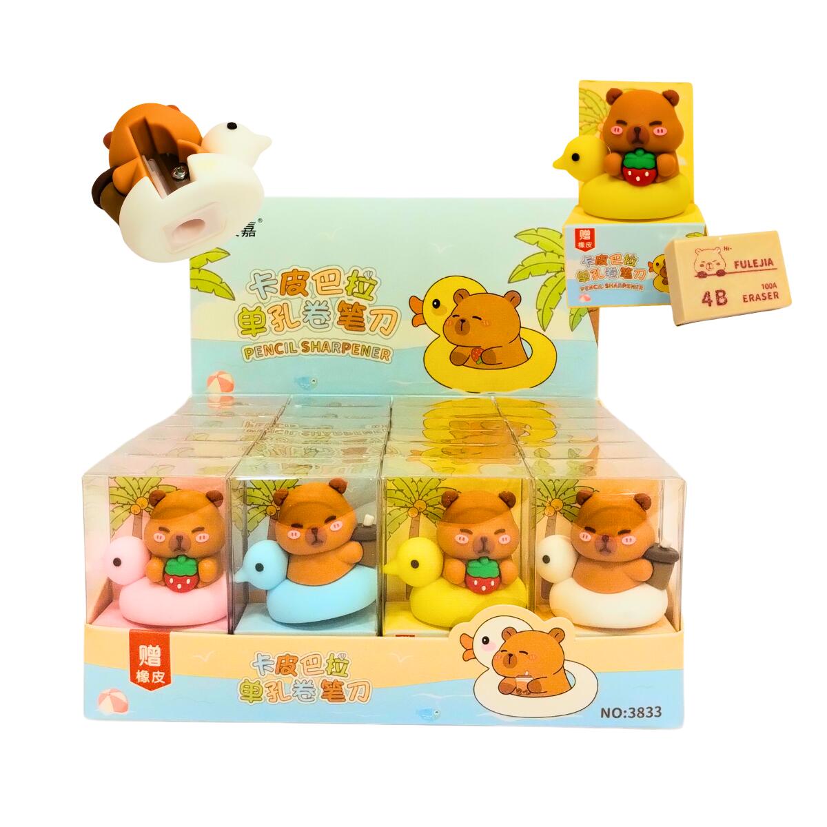 Sacapuntas y Goma tinta borrable + Goma Lápiz  - Capybara c/patito en caja pvc