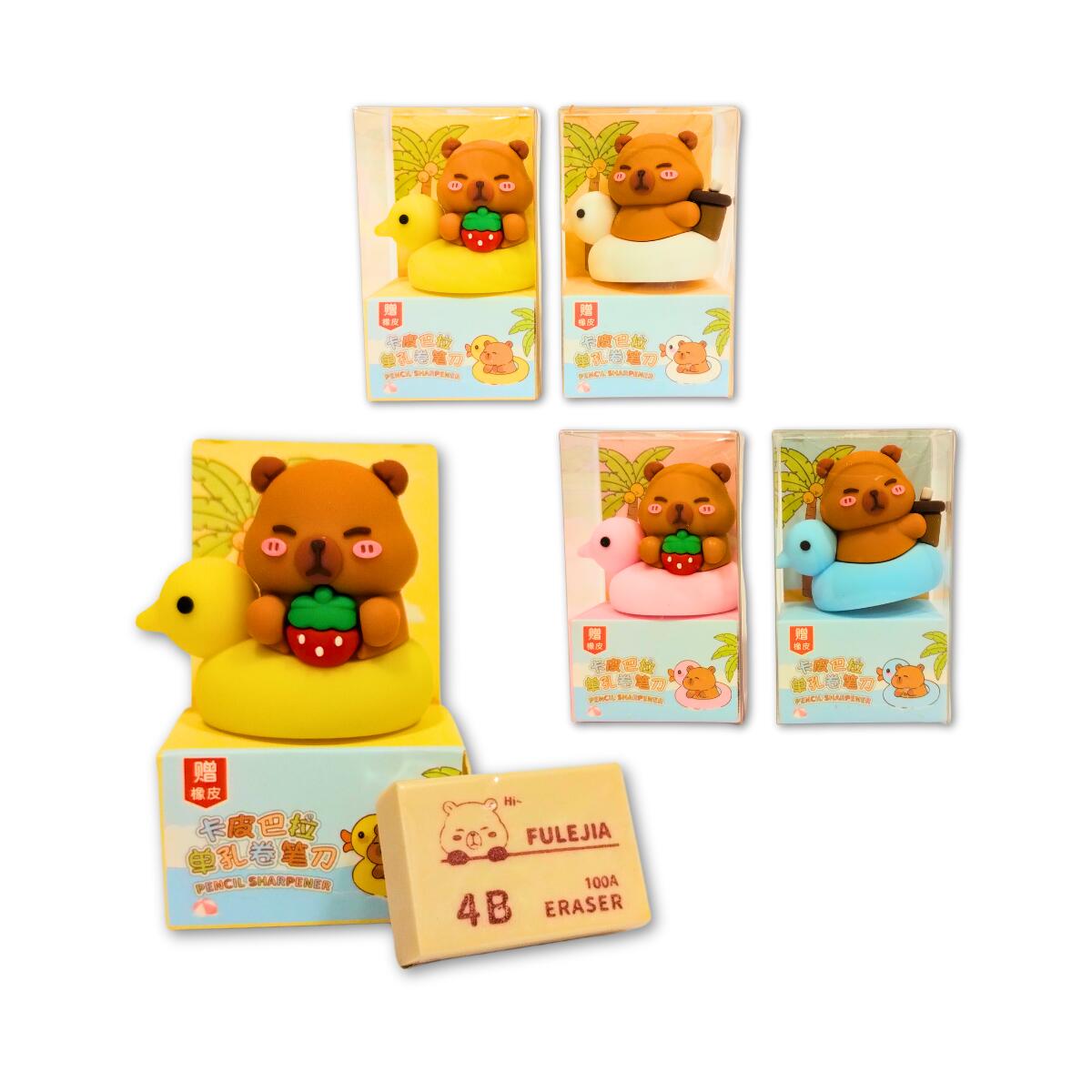 Sacapuntas y Goma tinta borrable + Goma Lápiz  - Capybara c/patito en caja pvc