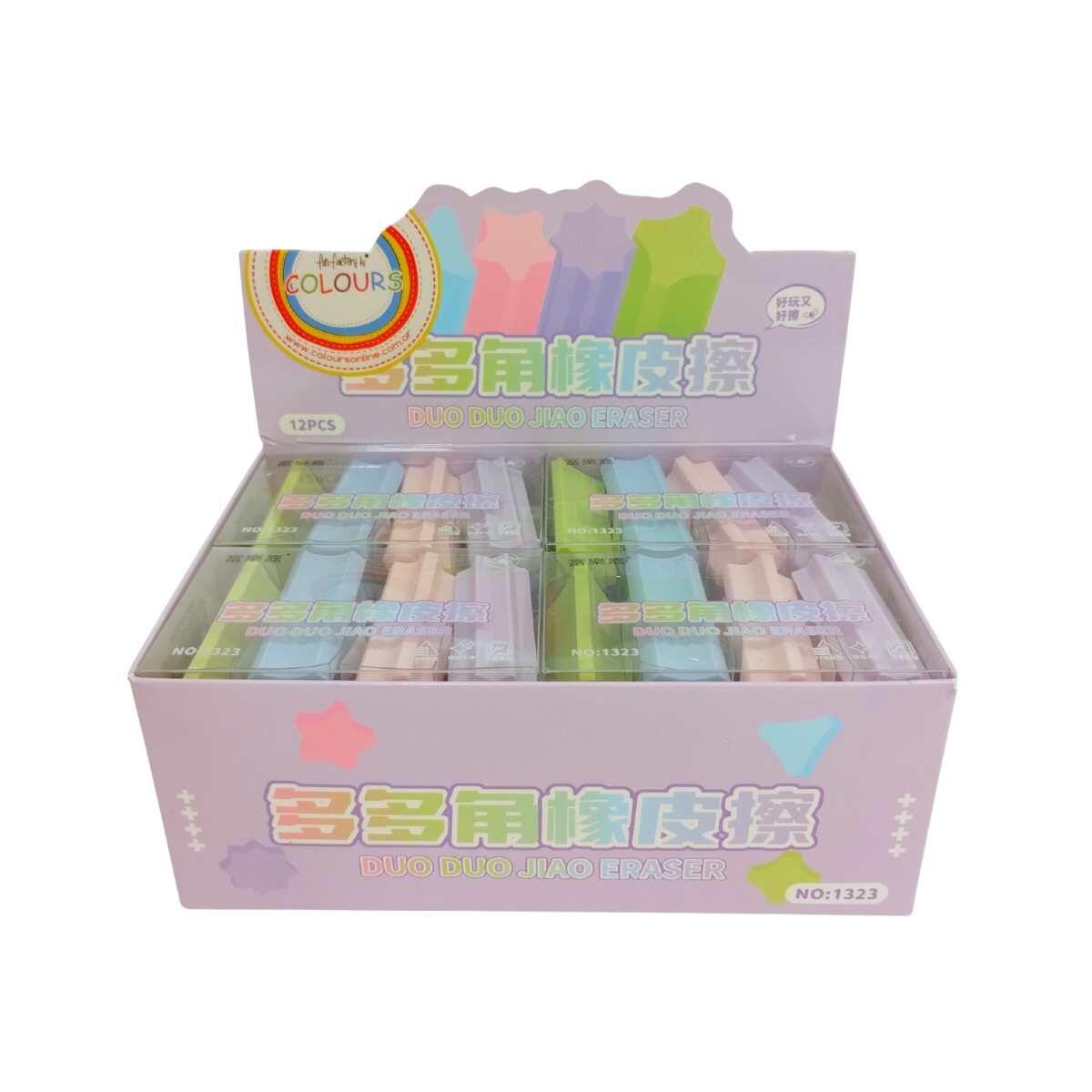 Goma larga formas color pastel x 4 en caja pvc