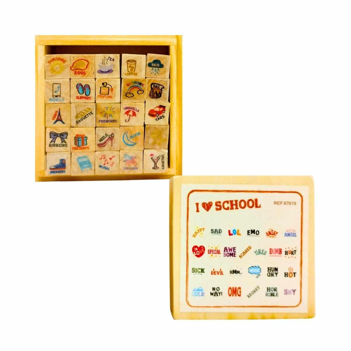 Juego de mini Sellos de madera x 25 diseños varios