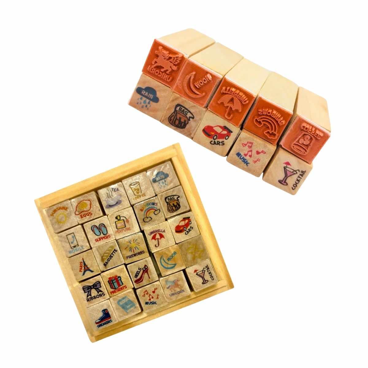 Juego de mini Sellos de madera x 25 diseños varios