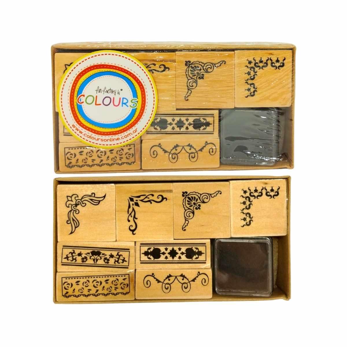 Set de Sellos de madera ornamentales x 8 unidades + almohadilla 