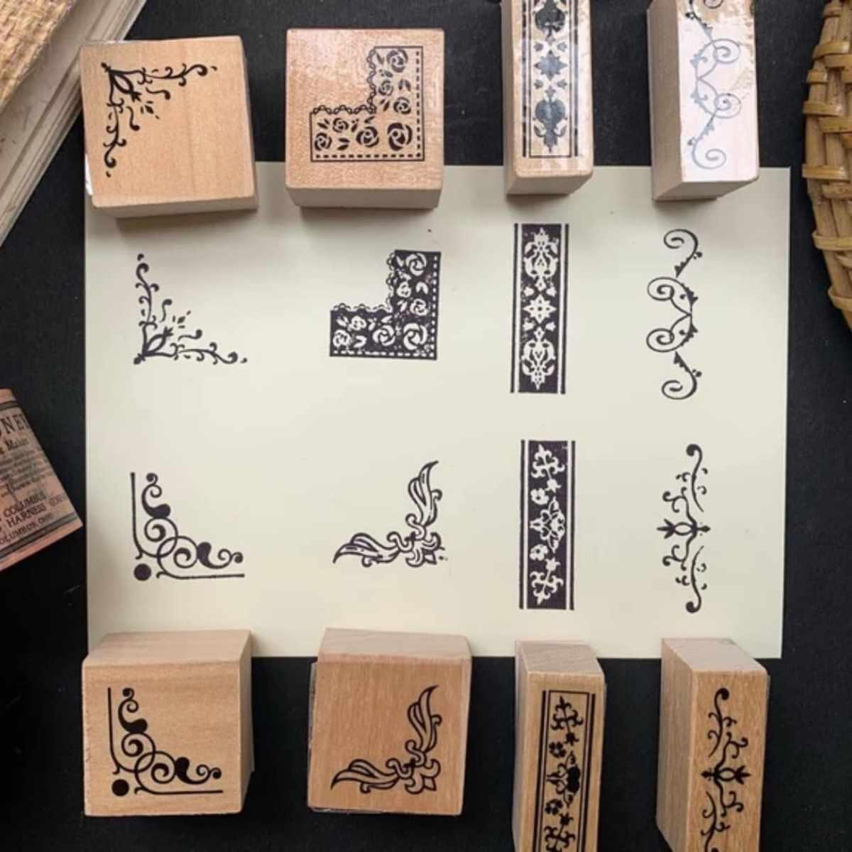 Set de Sellos de madera ornamentales x 8 unidades + almohadilla 