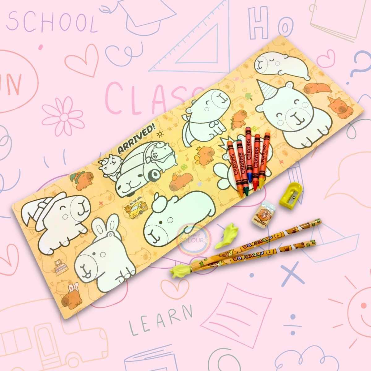 Set escolar Capybara 4 hojas para colorear + crayones + 2 lapices + goma + sacapuntas