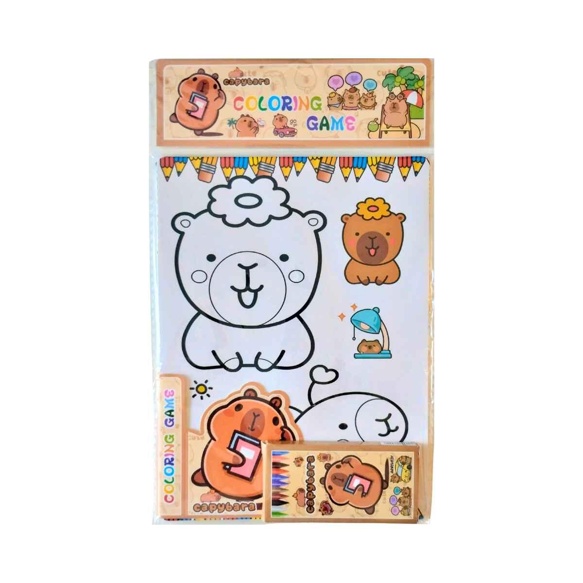 Set escolar Capybara 12 hojas para colorear + 6 crayones 