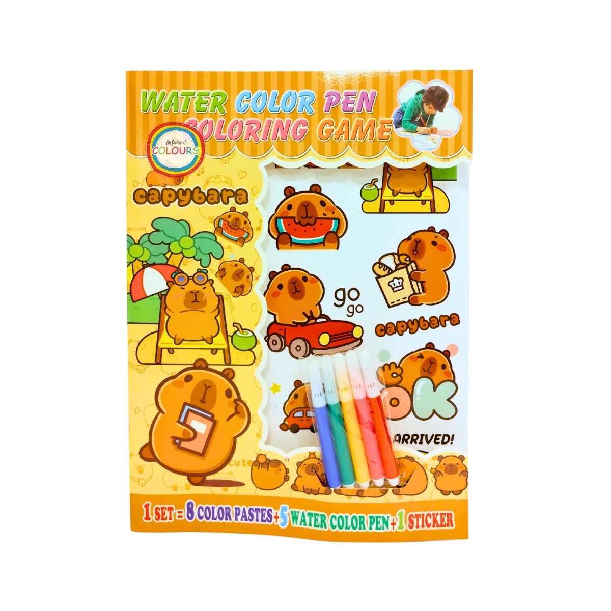 Set escolar Capybara 8 paginas para colorear + marcador x 5 colores + 1 página de stickers