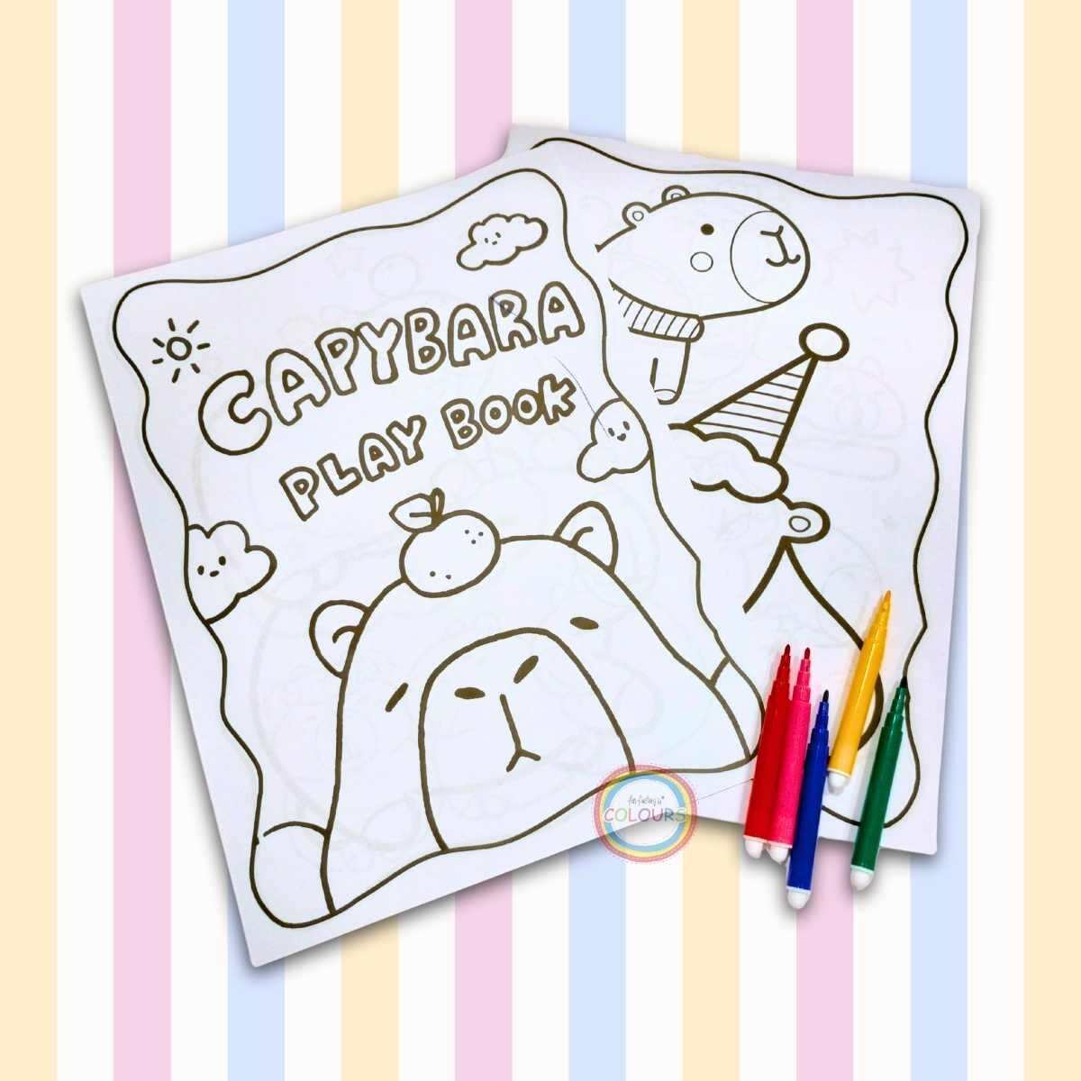 Set escolar Capybara 8 paginas para colorear + marcador x 5 colores + 1 página de stickers