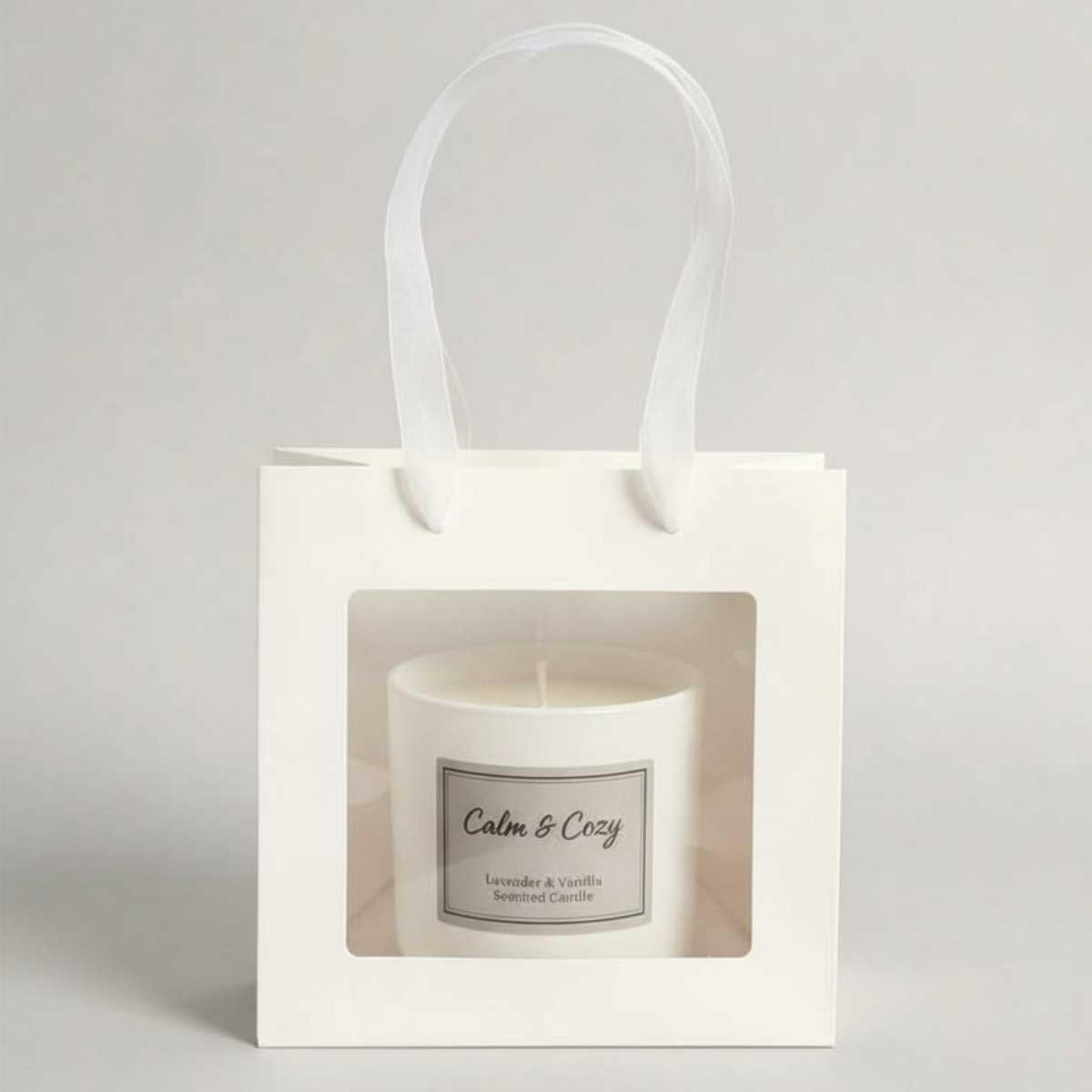 Bolsa de regalo Blanca c/ventana y manija cordon 20x20x20