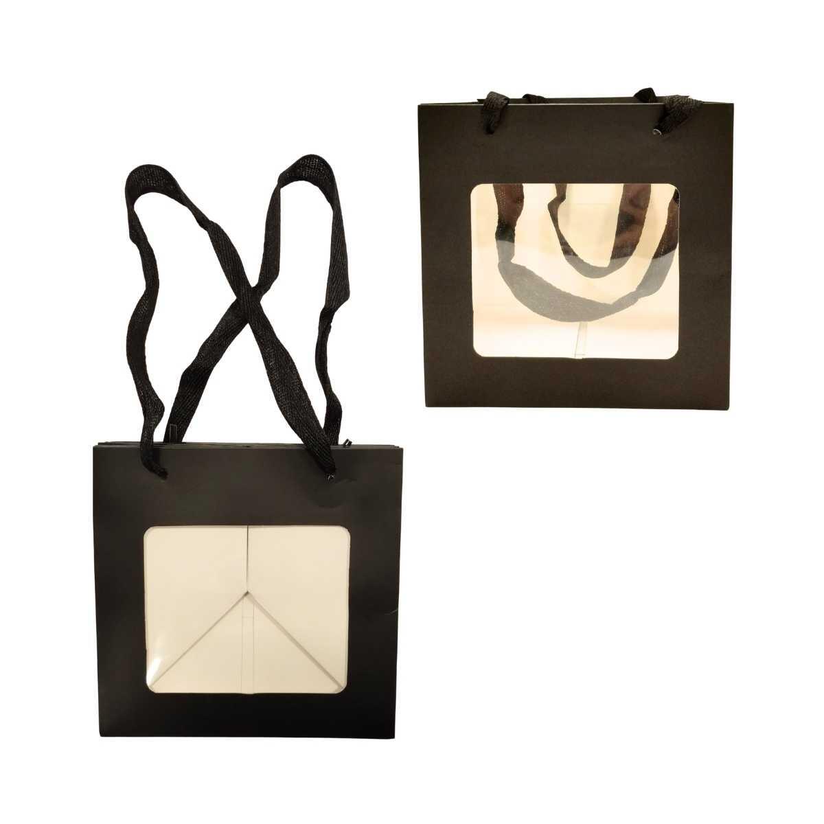 Bolsa de regalo Negra c/ventana y manija cordon 15x15x15