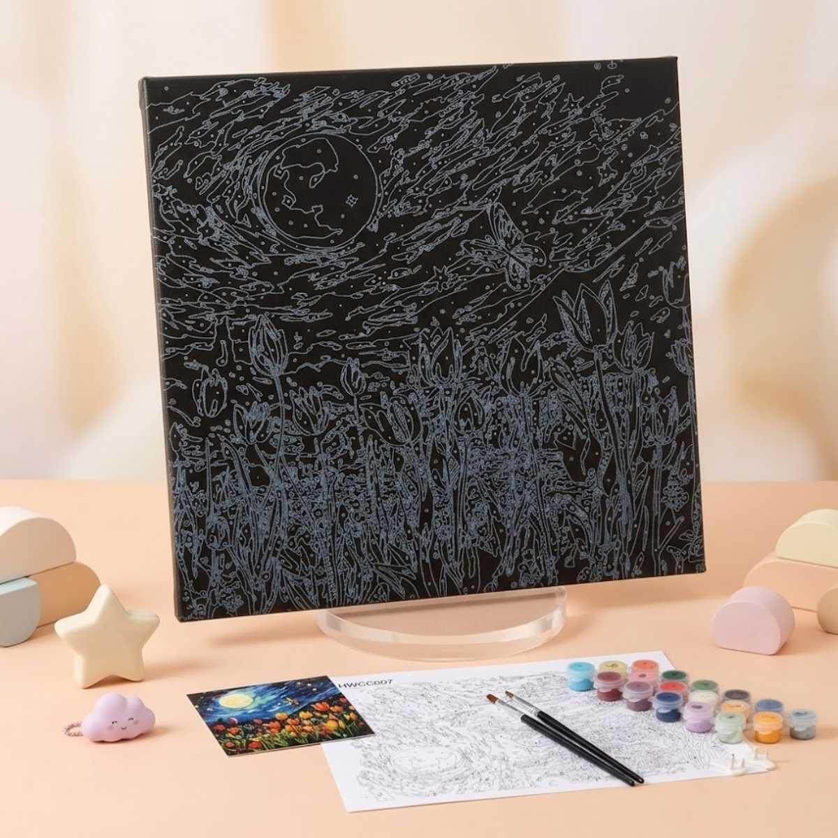 Bastidor pintar c/números fondo negro c/pintura y pincel 40x40cm