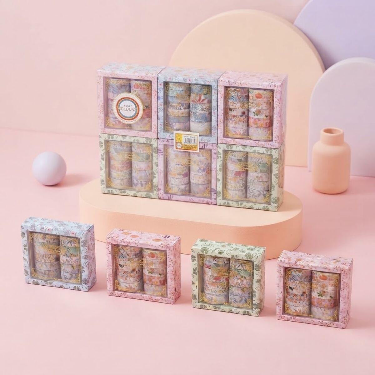 Cinta Washi Serie Floral x 12 rollitos en caja - 2 m